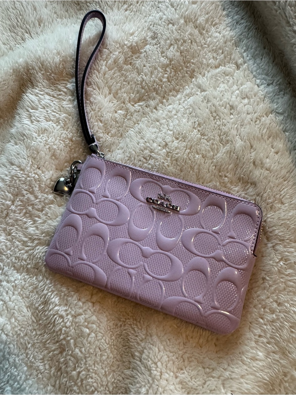 Coach Lilac Patent Signature Wristlet with Heart Charm